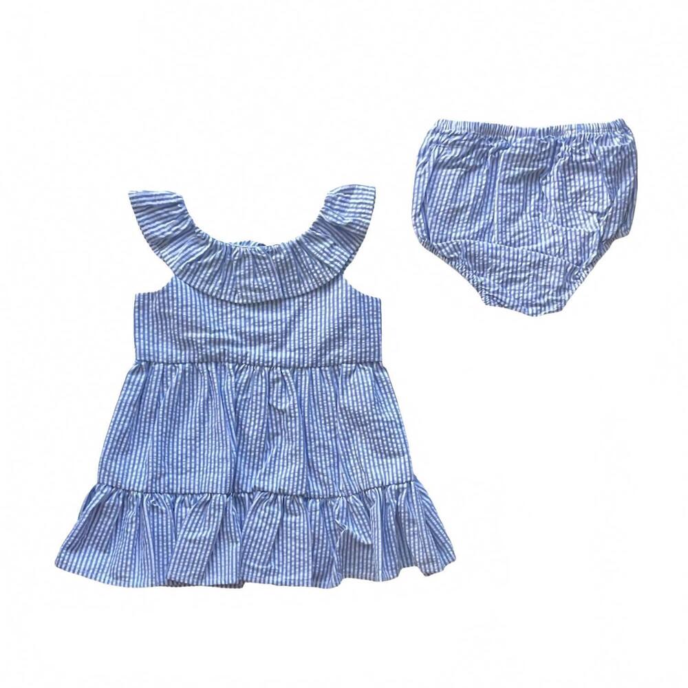 NEW RALPH LAUREN girl's seersucker ruffle dress in blue/white